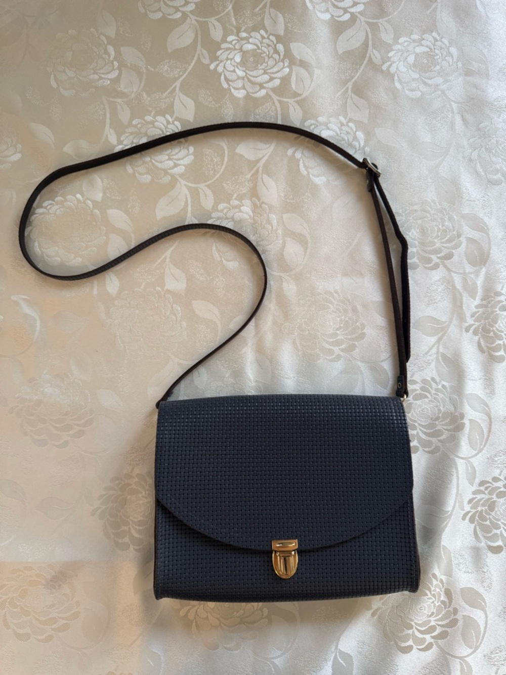 Blue Woven Leather Crossbody Bag - Adjustable Strap with Gold Hardware